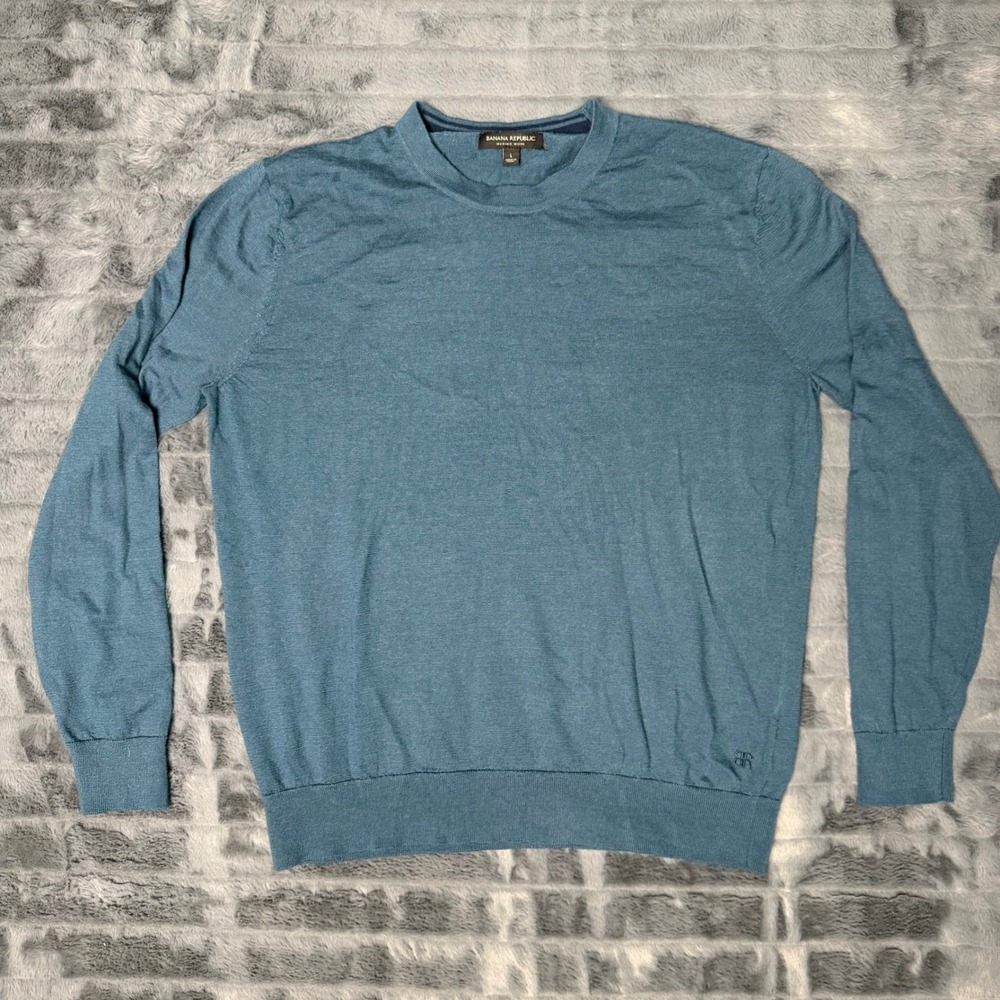 Banana Republic Mens Teal Blue 100% Merino Wool Crewneck Sweater Large 6259